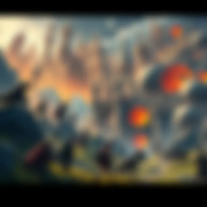 Civilization in a Fantasy World A chaotic fantasy landscape with various characters and structures showing resilience amid danger.