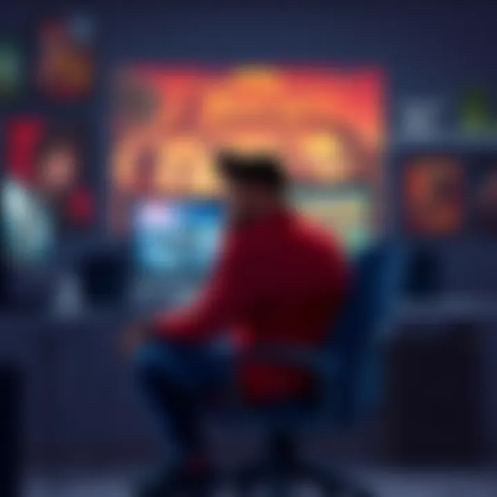 Civvie seated at a desk with a gaming setup, contemplating a Turok video, surrounded by gaming posters and a computer screen showing fan discussions.