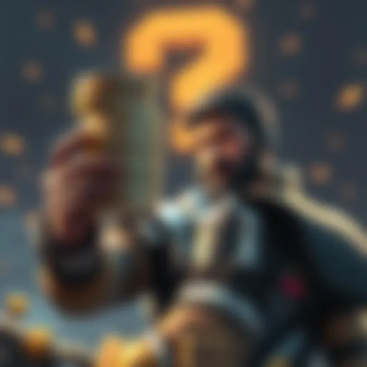 A character holding a large stack of faction currency coins, looking confused about their value, with a question mark in the background.