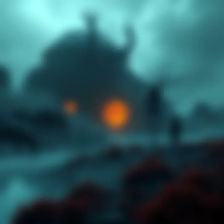 A dark and atmospheric scene showcasing cosmic horror elements, featuring eerie landscapes and unsettling creatures that evoke feelings similar to Elden Ring.