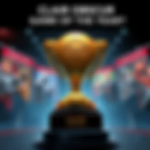 A gaming award trophy representing Clair Obscur's Game of the Year victory, surrounded by game art and player feedback banners.