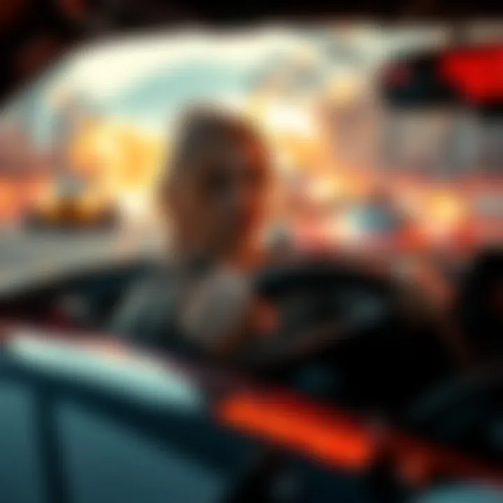 Claire behind the wheel of a racing car, focused and determined as she navigates a chaotic race track with explosions and other racers around her.