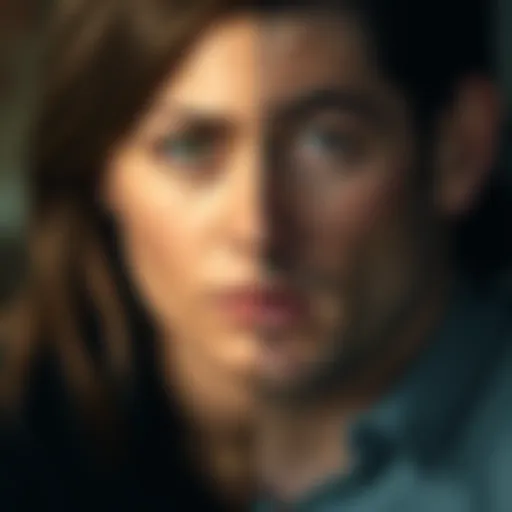A split image showing Claire looking calm and resilient on one side, while Leon appears troubled and distressed on the other side, representing their different responses to trauma.