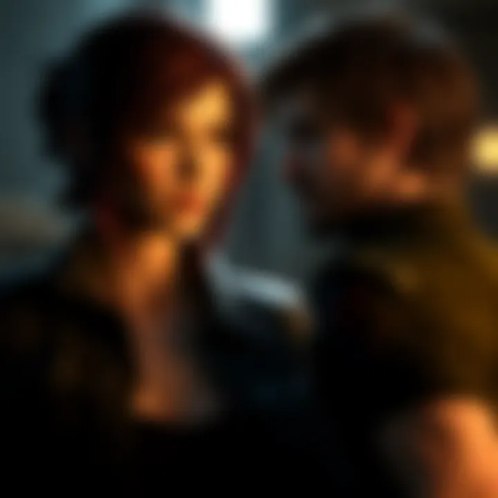 Claire Redfield looks thoughtfully at Leon S. Kennedy, showing hints of affection in a dark setting.
