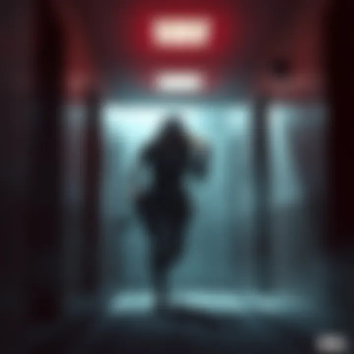Claire Redfield frantically escaping from the imposing figure of Mr. X in a dimly lit hallway of the Raccoon Police Department
