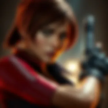 Claire Redfield character in RE2 Remake Claire Redfield in a tense scene from the Resident Evil 2 remake, showcasing her determination and strength.