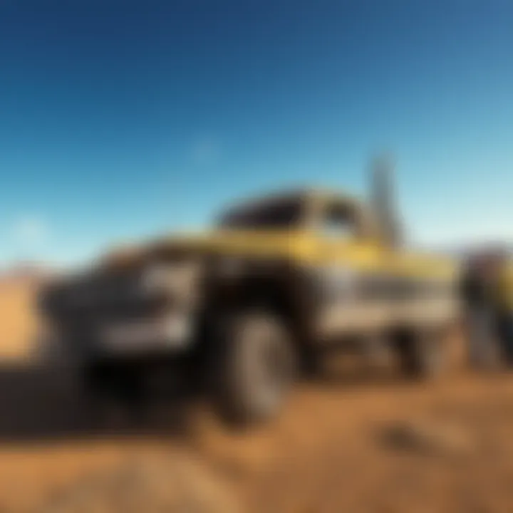 Claire's broken truck at Badlands A damaged truck before the Badlands race, showing visible signs of wear and tear, with frustrated drivers nearby discussing vehicle options.