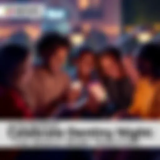 A group of people joyfully sharing a meme on their phones during Dentiny Night
