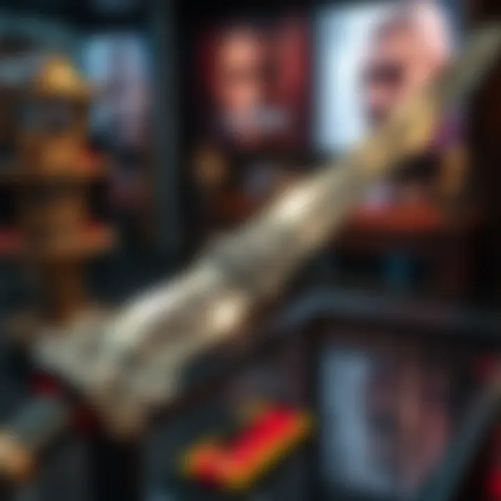 Clan Sakai Sword Replica A displayed replica of the Clan Sakai sword alongside life-size blades from Elden Ring