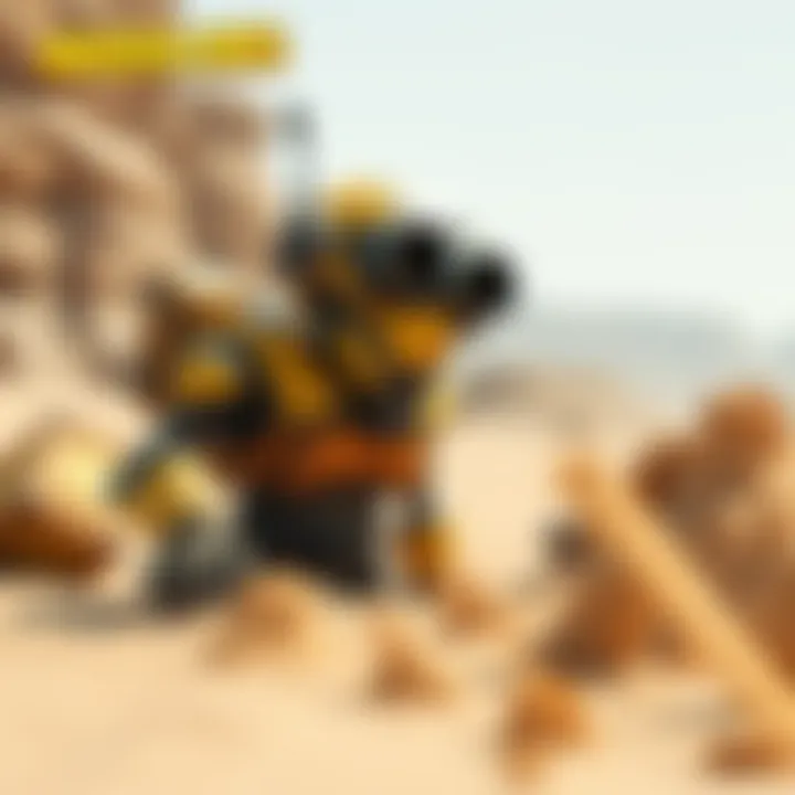 A robot character resembling Claptrap from Borderlands examining different types of sand in a desert setting.