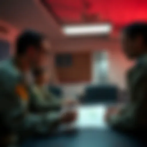 Military personnel discussing combat protocols with clear visual aids and charts in a briefing room
