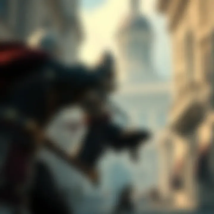 A scene showing tactical combat in Assassin's Creed, highlighting skill and timing without leveling systems. A character engaging in close combat with a foe, set in a historical city.