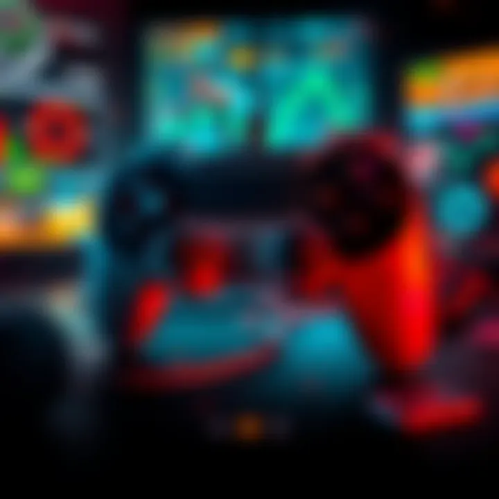 Classic game controller with modern graphics overlay A classic video game controller surrounded by modern game elements like flashy graphics and HUD features, showing the clash between old and new gaming styles.