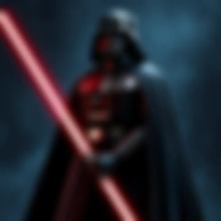 A classic portrayal of Darth Vader in his iconic black armor and cape, standing heroically with a lightsaber in hand against a starry background.