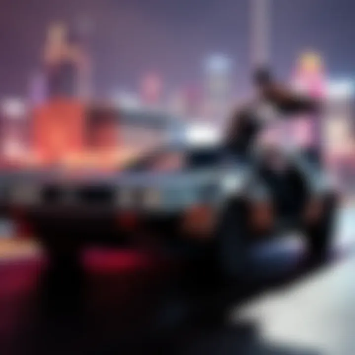 A shiny silver DeLorean parked with its iconic gull-wing doors open, set against a backdrop of a vibrant cityscape.