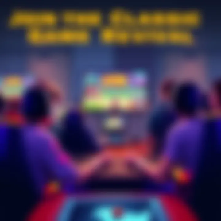 A group of gamers gathered around screens, playing a classic video game and enjoying tournaments together.