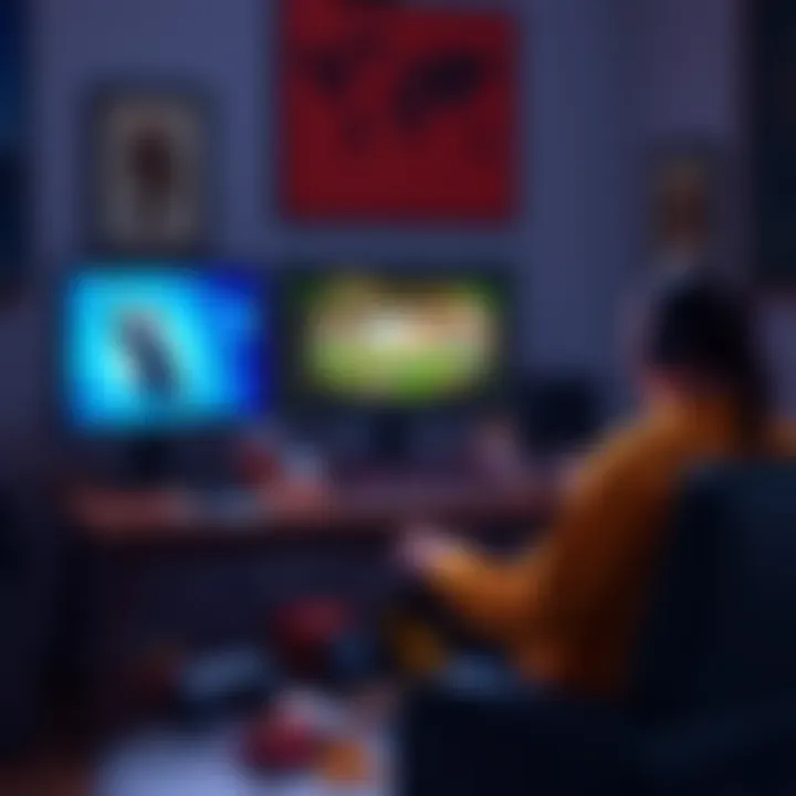 A gamer sitting at a desk with a computer screen showing a classic game, surrounded by game controllers and snacks, excited to start a new adventure