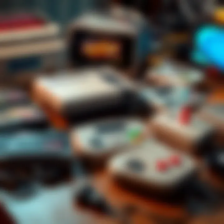 An assortment of classic video game cartridges and consoles arranged on a table, showing the nostalgia of gaming history.