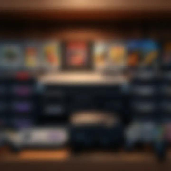 A variety of classic video game cartridges and a retro console displayed together on a shelf.