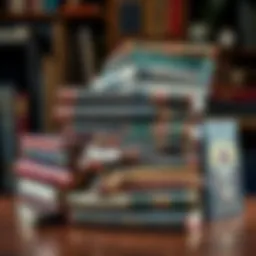 A collection of older Greyhawk books stacked on a wooden table, showcasing their colorful covers and fantasy themes.