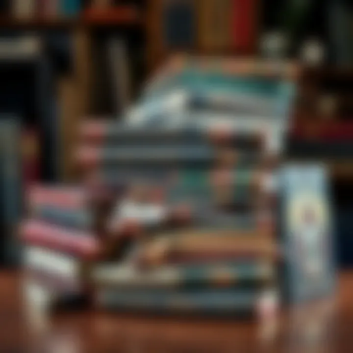 A collection of older Greyhawk books stacked on a wooden table, showcasing their colorful covers and fantasy themes.