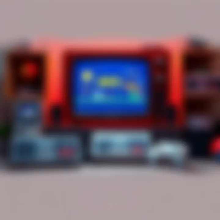 A television displaying classic NES games from the 80s, with controllers and retro gaming items surrounding it