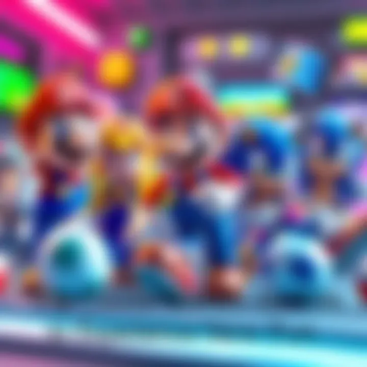 Colorful classic video game characters like Super Mario, Sonic, and others in a fun gaming scene