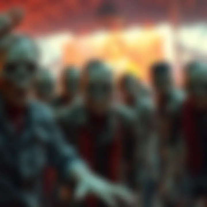 A group of traditional zombies with tattered clothes and eerie expressions in a game setting