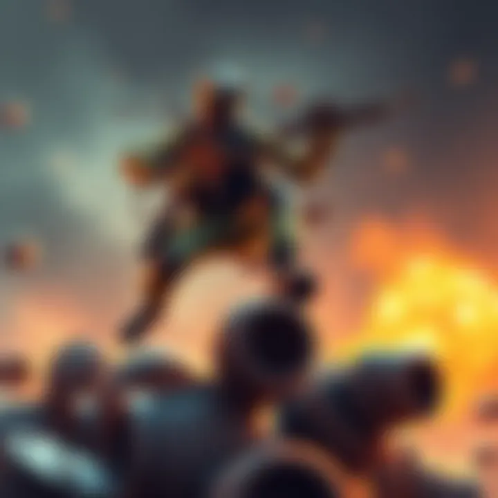 A commando-style character with guns jumping over obstacles in an action-packed game scene.