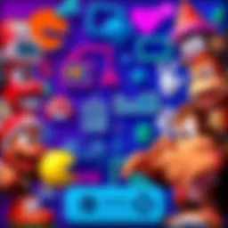 Colorful collage of classic 80s video game characters including Pac-Man and Donkey Kong