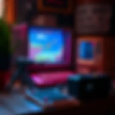 A nostalgic gaming setup with a vintage computer displaying a slower-paced boomer shooter game, featuring pixelated graphics and a character navigating through a colorful environment.