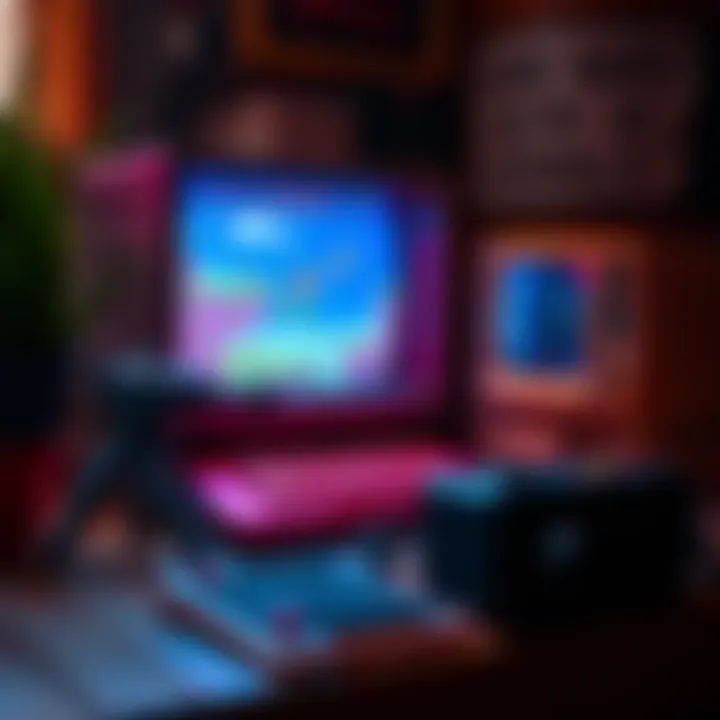 A nostalgic gaming setup with a vintage computer displaying a slower-paced boomer shooter game, featuring pixelated graphics and a character navigating through a colorful environment.