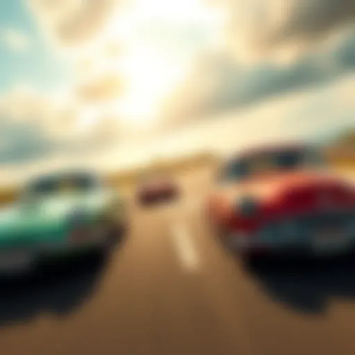 Players driving vintage cars from the 60s to 90s at high speeds in a racing game scenario.
