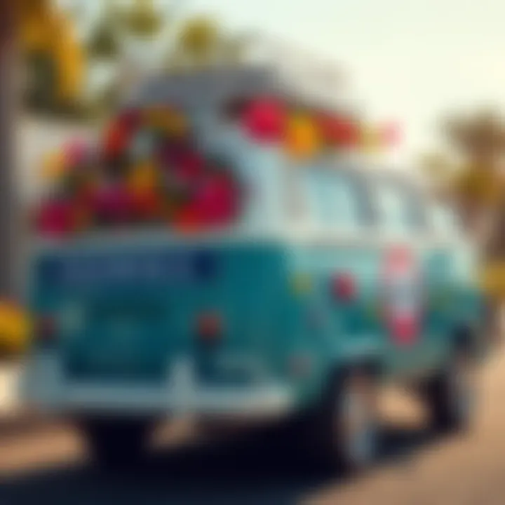 Classic Turtle Van decorated with colorful flowers, showcasing its unique style in a sunny environment.