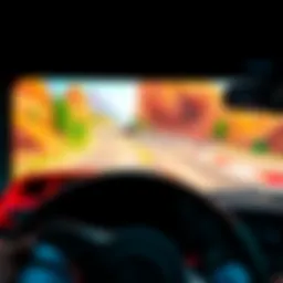A close-up of a popular driving game being played, showing a car racing on a vibrant track with dynamic scenery