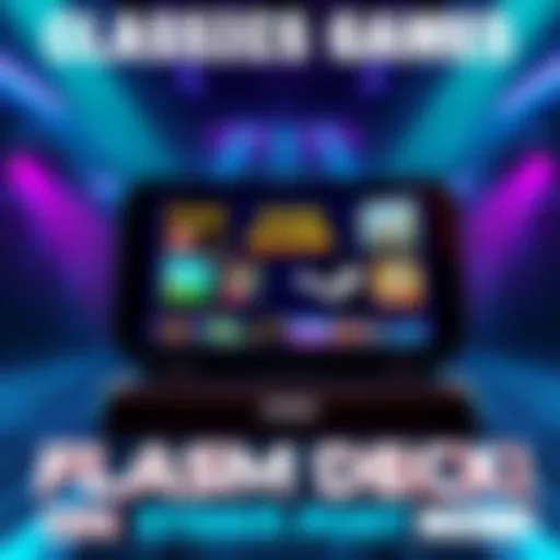 A Steam Deck showing classic Flash games on its screen with vibrant graphics and nostalgic characters