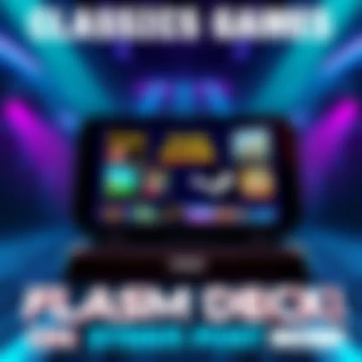 A Steam Deck showing classic Flash games on its screen with vibrant graphics and nostalgic characters