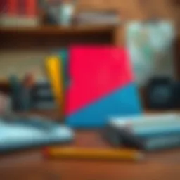 A colorful classic folder resting on a wooden desk, evoking nostalgia for school days, surrounded by pencils and notebooks.