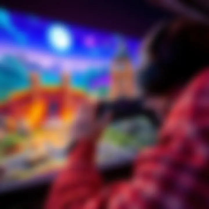 A gamer enjoys a classic shooting game with vibrant scenery, showcasing exciting action and colorful graphics.