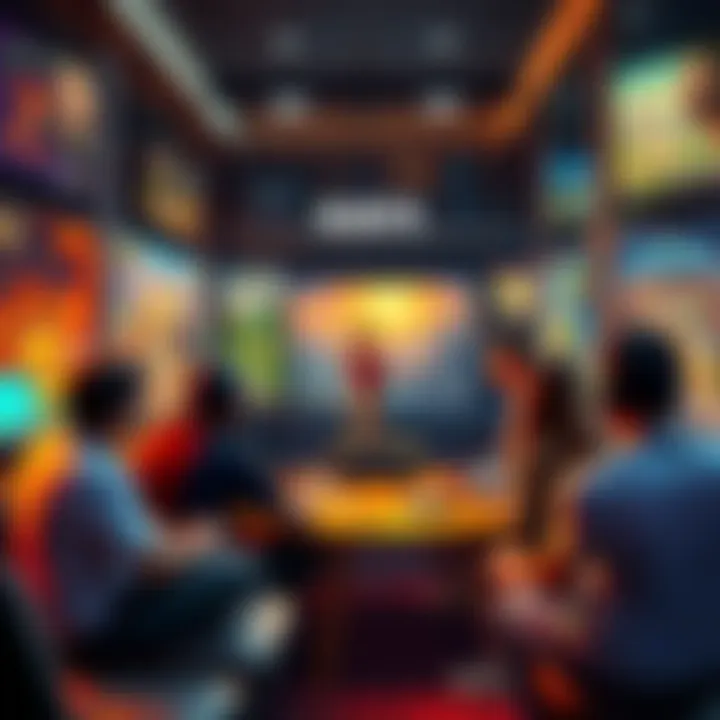 A group of gamers discussing which classic games they want to see remade, surrounded by nostalgic game posters and consoles.