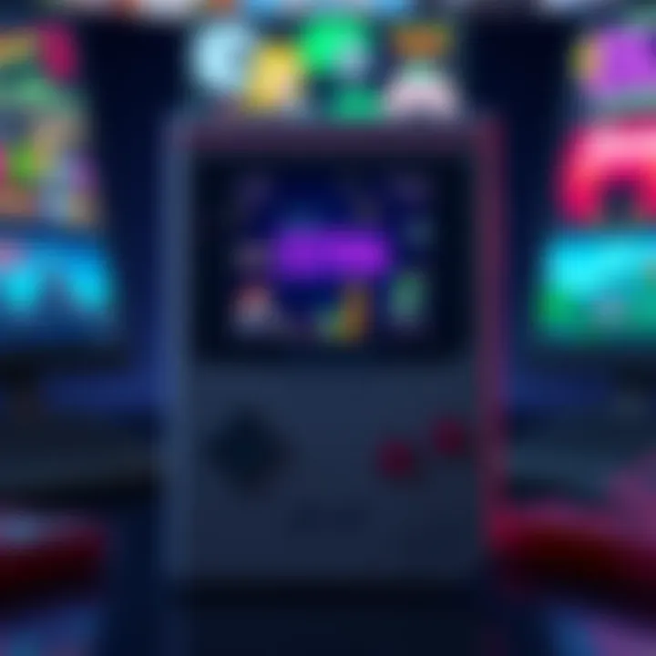 A Gameboy handheld console displaying classic games like Tetris, Super Mario Land, and Zelda: Link's Awakening on the screen.