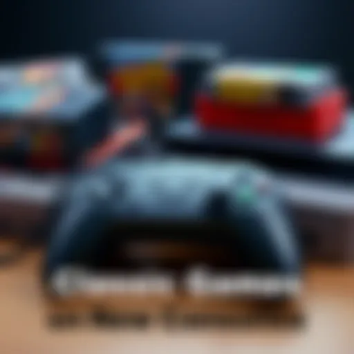 A collection of classic video game cartridges alongside a modern gaming console controller