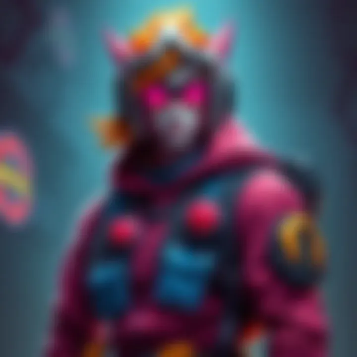 A gaming character design that combines retro elements with a modern twist, showcasing vibrant colors and a creative outfit that honors classic gaming styles.