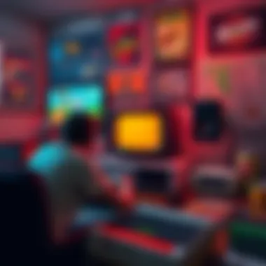 Classic Gaming with Mirage A gamer playing Mirage on a vintage console, surrounded by classic game posters and snacks, showing nostalgia for old games.