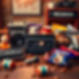 A collection of classic nostalgic items like an old cassette player, a vintage toy, and retro snacks on a table.