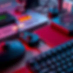 A collection of vintage PC accessories including a joystick, mouse pad, and keyboard, evoking nostalgia for gaming culture.