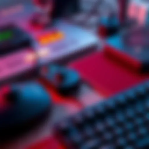 A collection of vintage PC accessories including a joystick, mouse pad, and keyboard, evoking nostalgia for gaming culture.