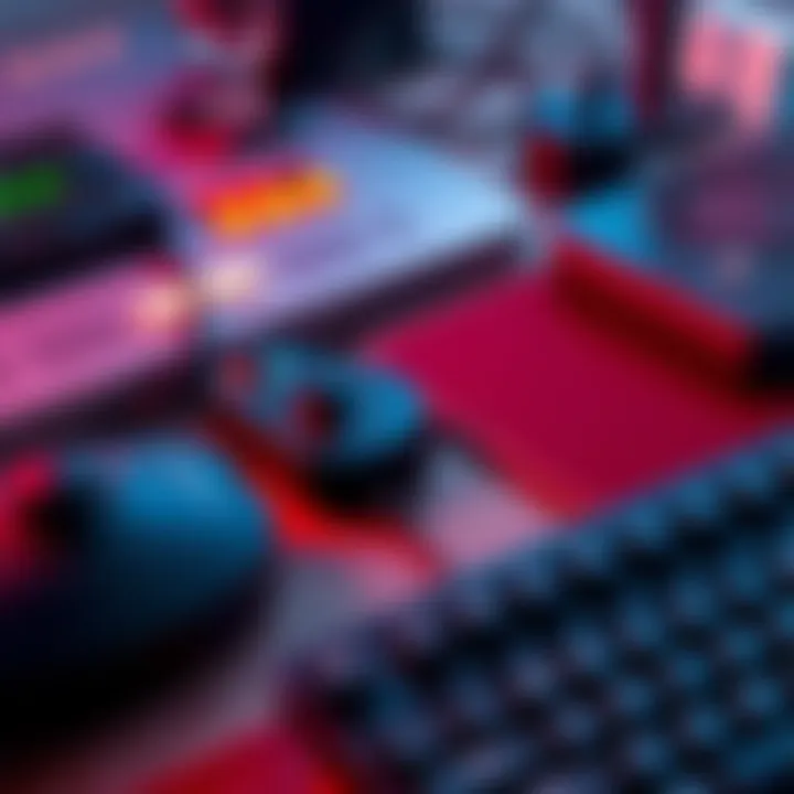 Classic PC Accessories A collection of vintage PC accessories including a joystick, mouse pad, and keyboard, evoking nostalgia for gaming culture.