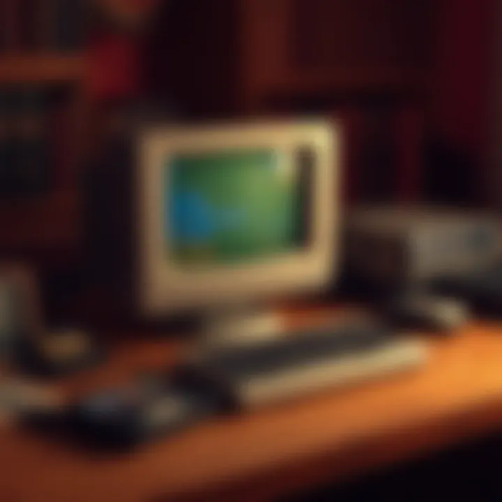A nostalgic setup featuring an old monitor, keyboard, and classic games on floppy disks