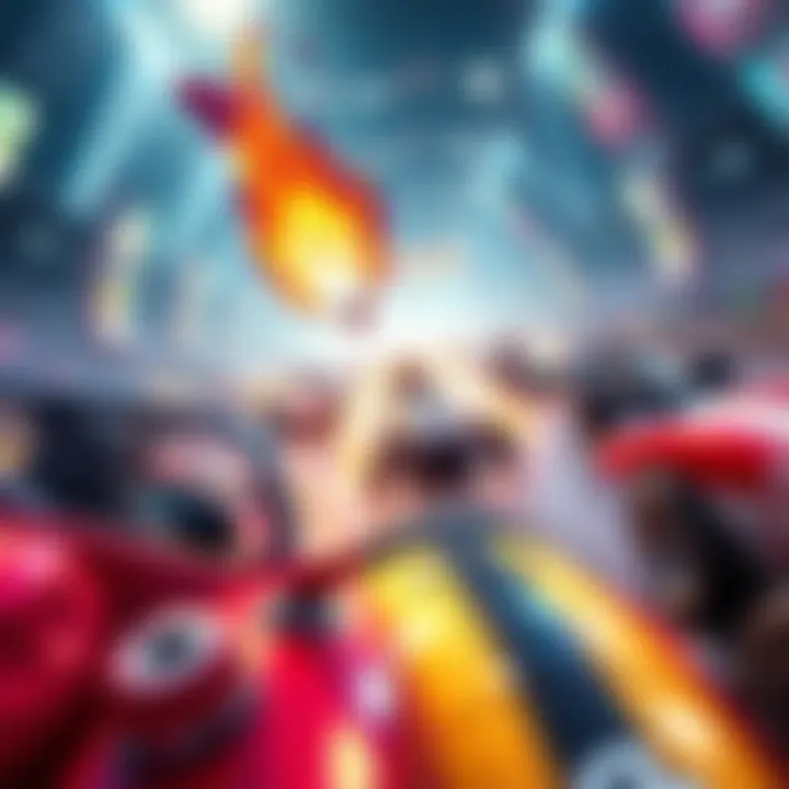 A vibrant scene showing different classic racing cars competing in a chaotic arena, reminiscent of childhood gaming experiences.